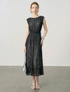 Wave Lace Boat Neck Belted Pleated Midi Dress