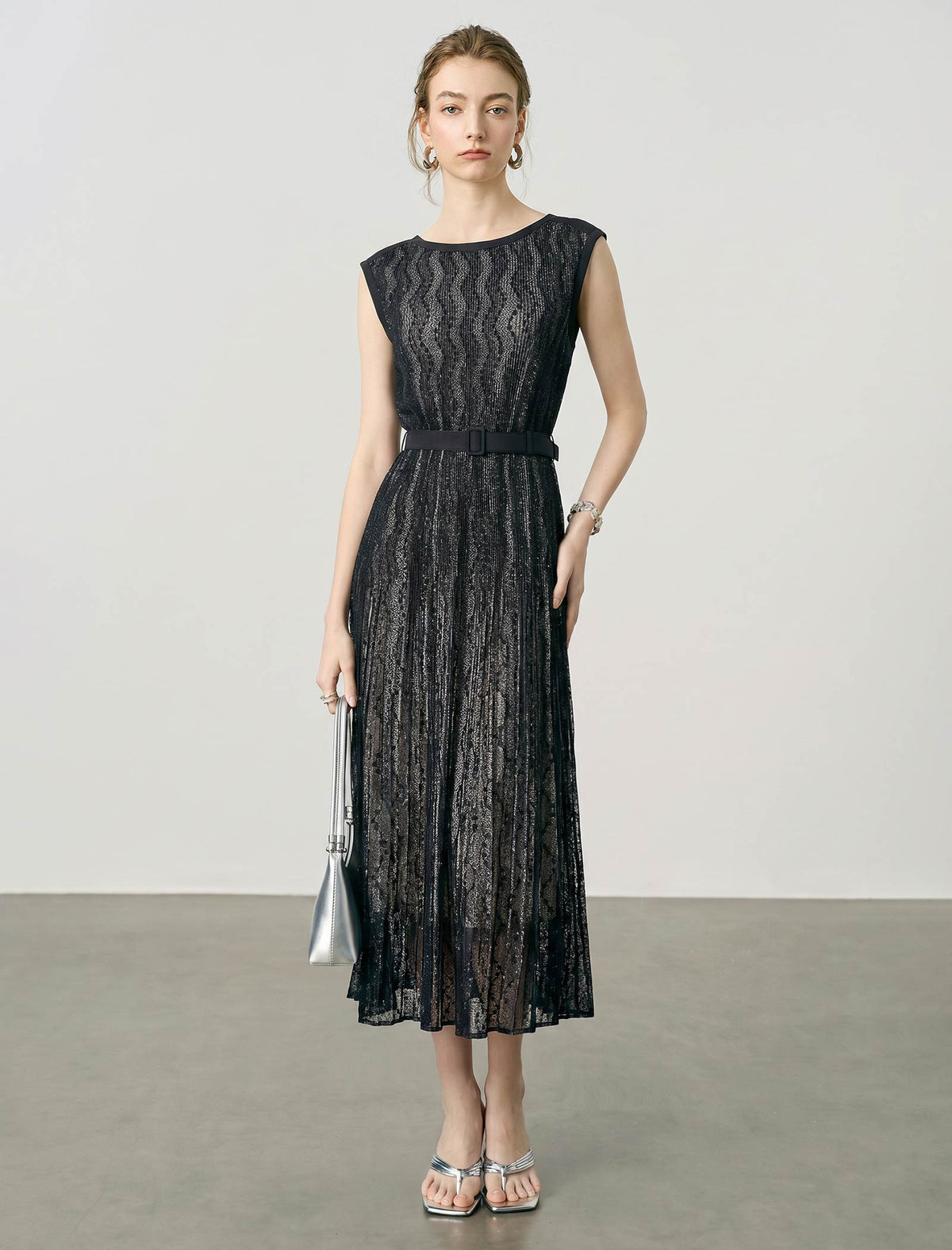 Wave Lace Boat Neck Belted Pleated Midi Dress