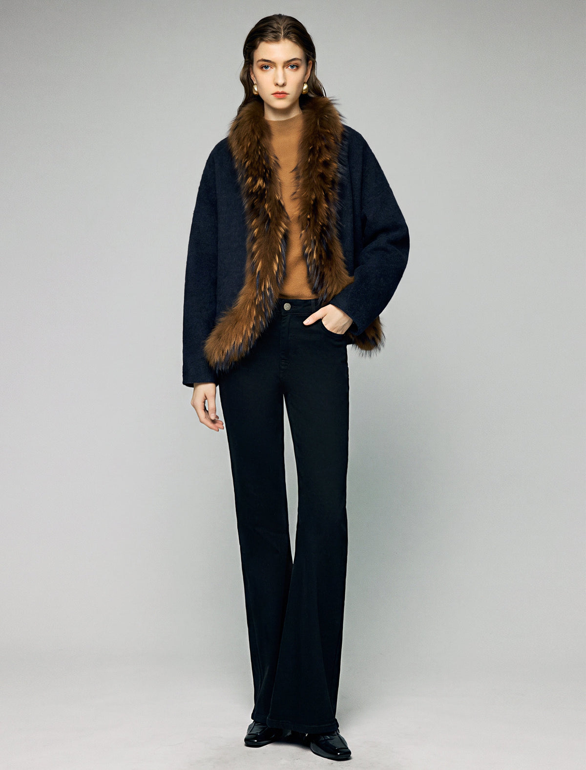 Wool Blend Plush-Collar Open-Front Cropped Jacket
