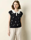 Contrast Collar Leaf Embroidery Sleeveless Knit Polo Top