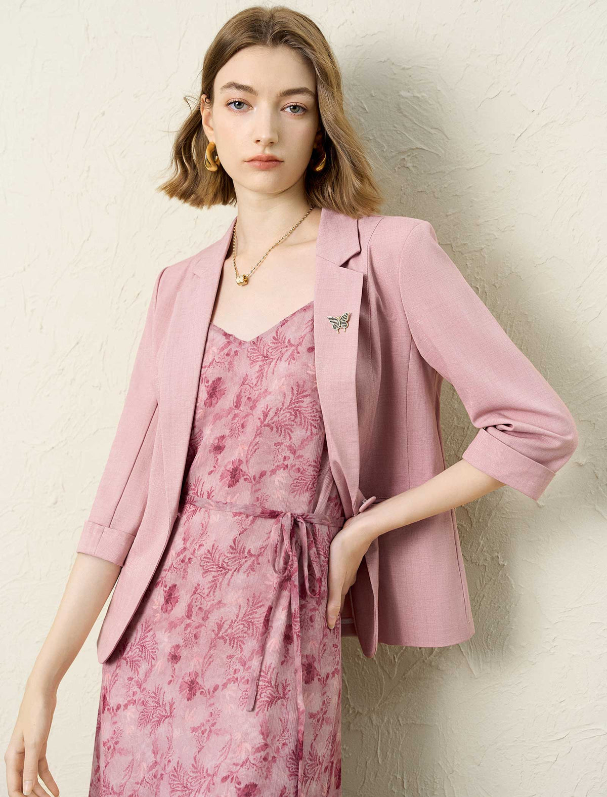 Dusty Pink Single Button Rolled Cuff 3/4 Sleeve Blazer