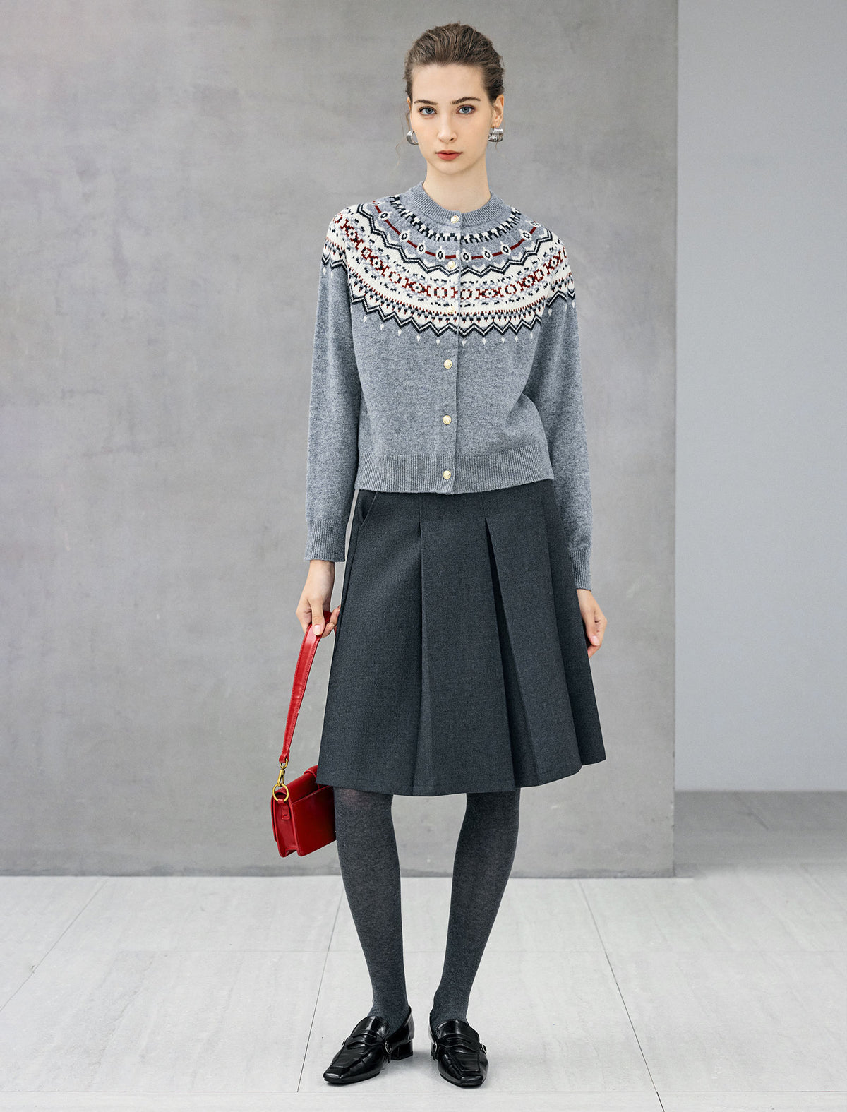 100% Wool Fair Isle Crewneck Button-Front Cardigan