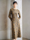 Pearl Beaded Crewneck Side Gathering Baroque Floral Knit Dress