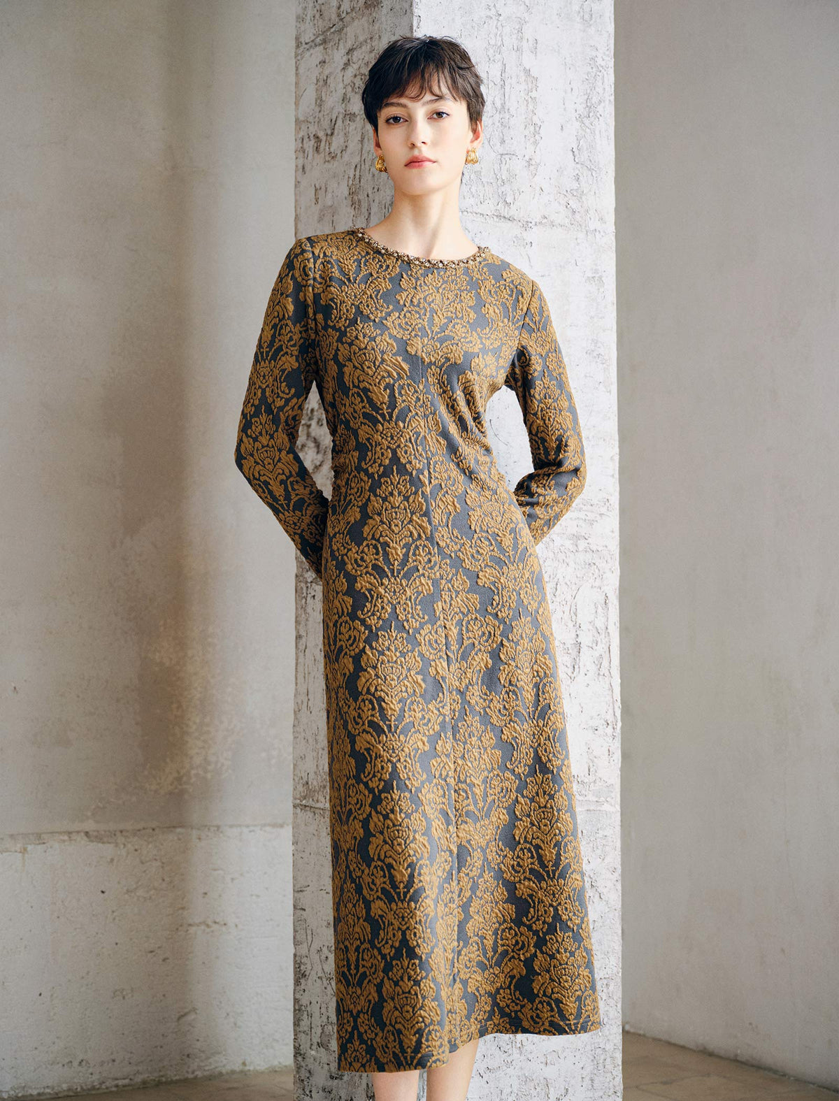 Pearl Beaded Crewneck Side Gathering Baroque Floral Knit Dress