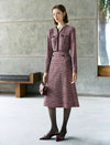Jacquard Plaid V-Neck Long Sleeve Pearl-Button A-Line Dress
