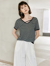 Striped V-Neck Short Sleeve Knit Top