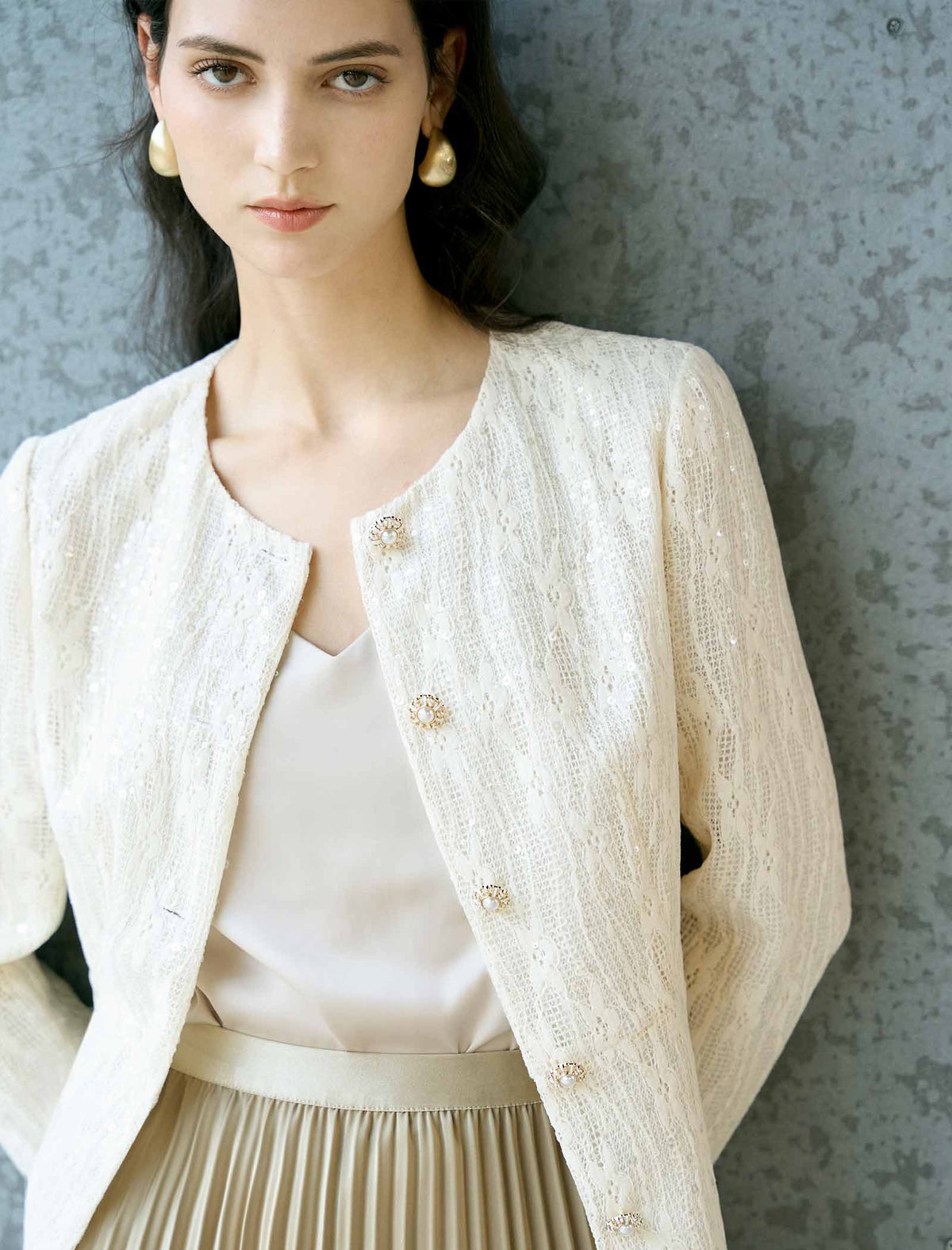 Ivory Sequin Lace Cropped Jacket