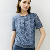 Lace Floral Contrast Trim Short Sleeve Top - Blue
