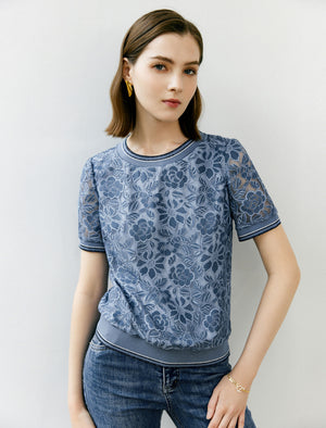 Lace Floral Contrast Trim Short Sleeve Top