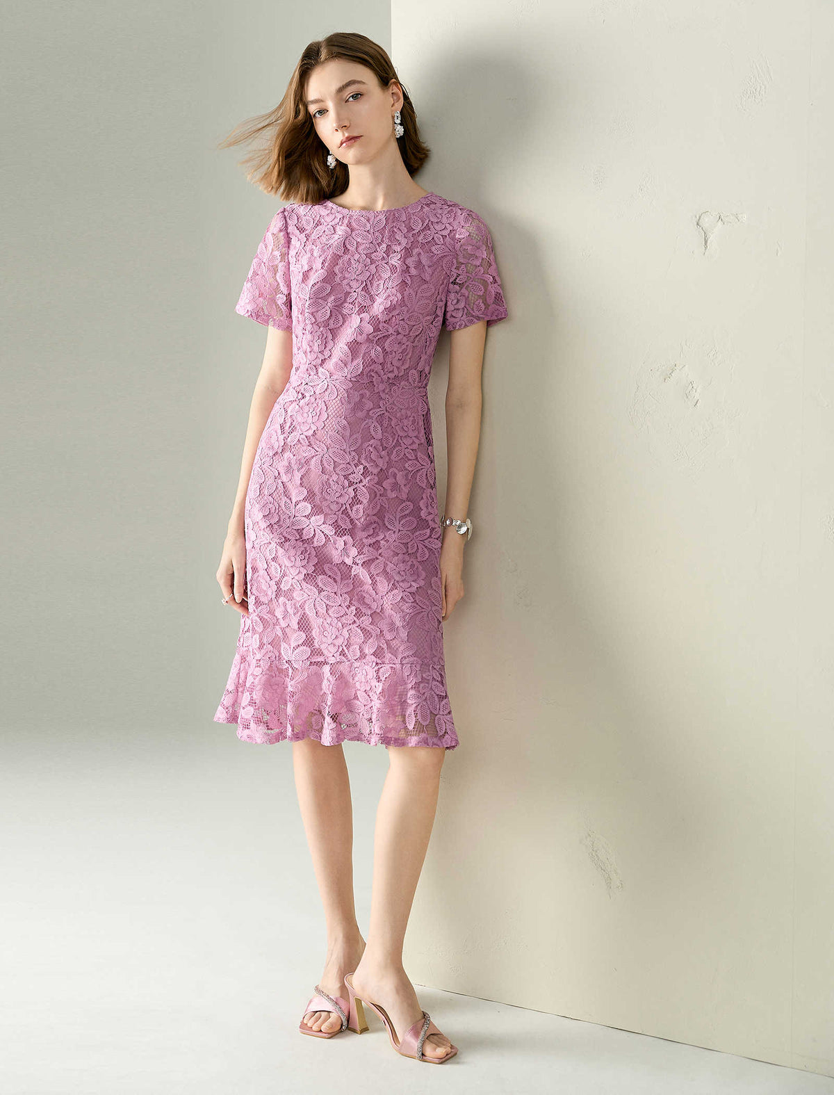 Lilac Floral Lace Midi Dress
