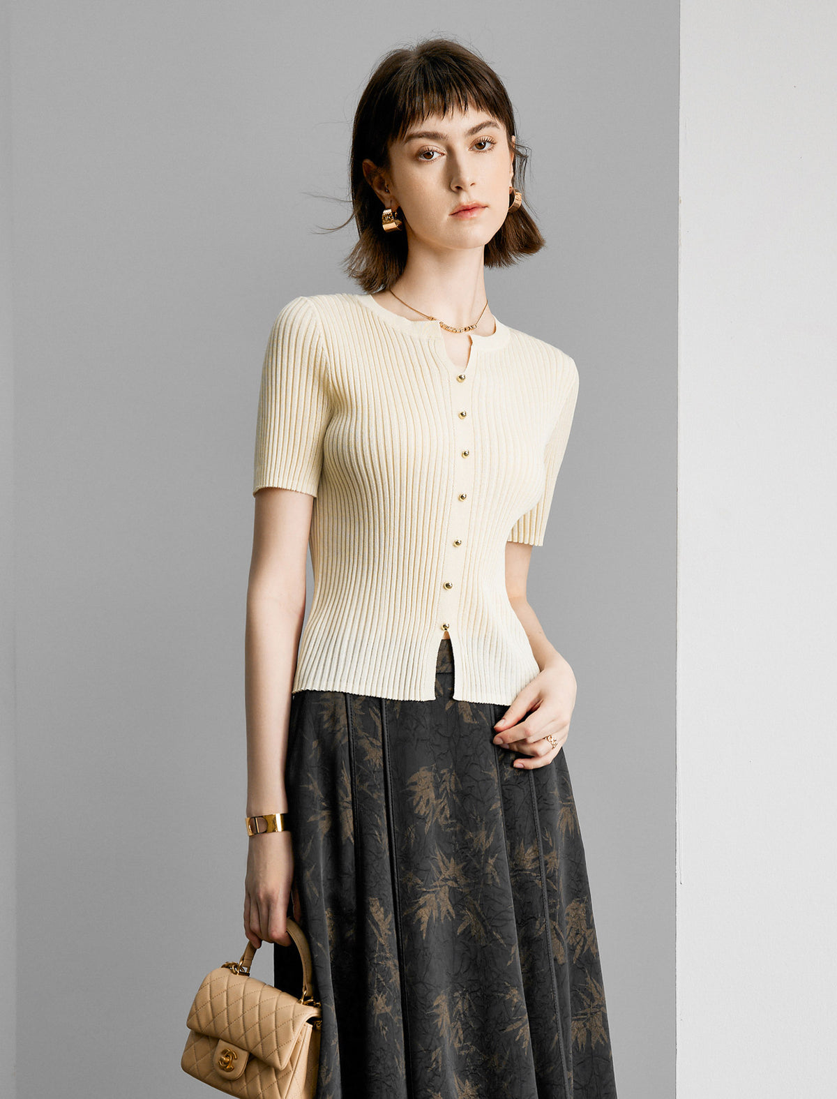 Half‑Placket Ribbed Short‑Sleeve Knit Top