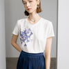 Ink style 3D Sequin Flowers V-Neck T-Shirt - White