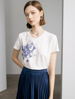 Ink style 3D Sequin Flowers V-Neck T-Shirt