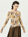 Vintage Printed Long Sleeve Cutout Top