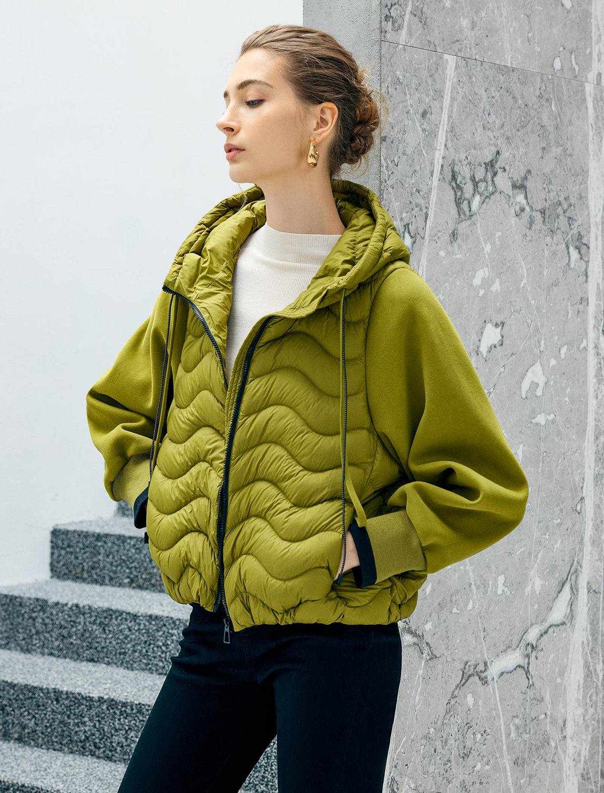 Hooded Quilted Drawstring Zip-Front Cropped Jacket