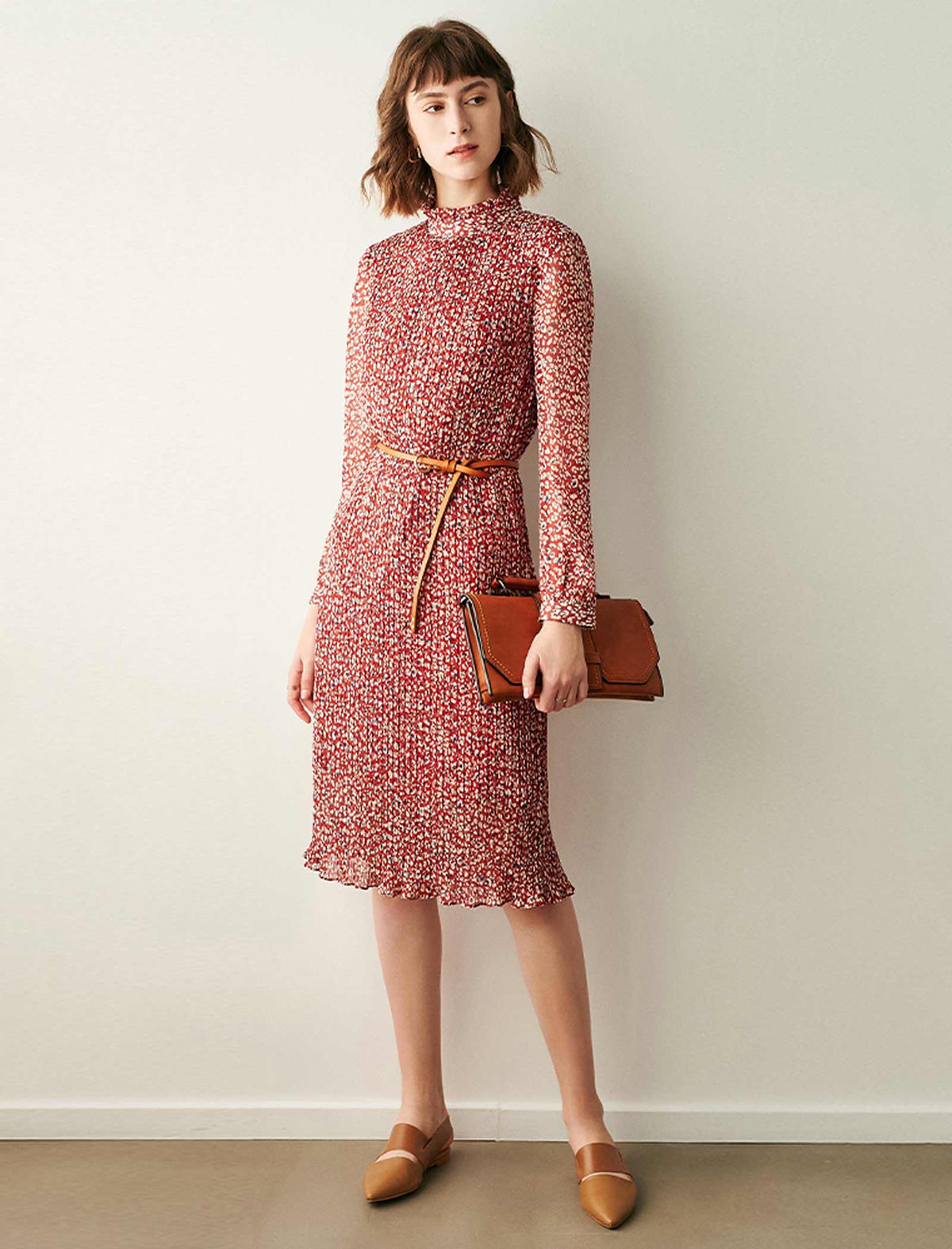 Red Ditsy-Print Ruffled Midi Dress