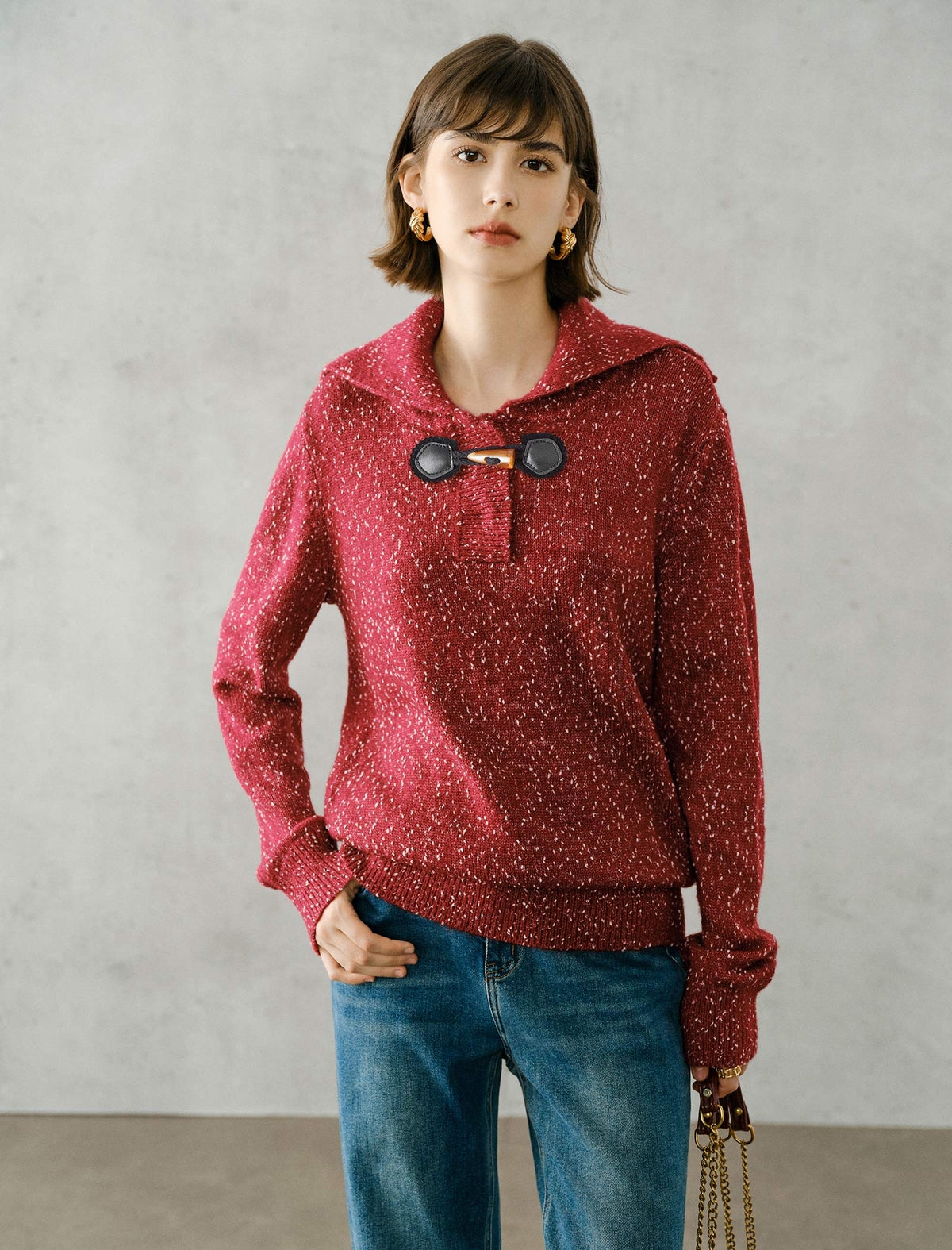 Toggle Collar Textured Knit Sweater