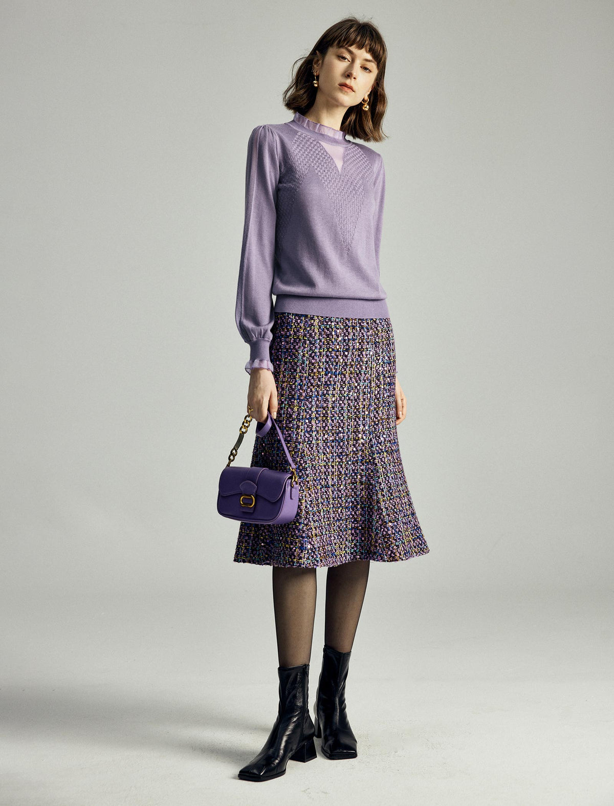 Dark Purple Tweed Fishtail Midi Skirt