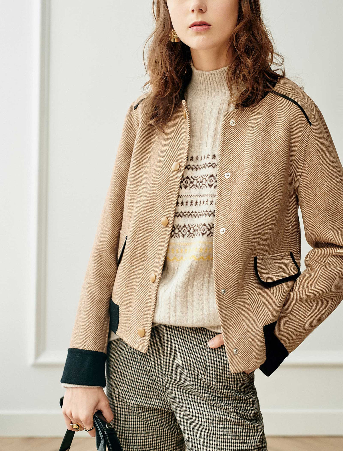 Wool Blend Herringbone Stand-Collar Relaxed Jacket