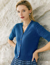 Blue Ribbed Knit Elbow-Sleeve Cardigan