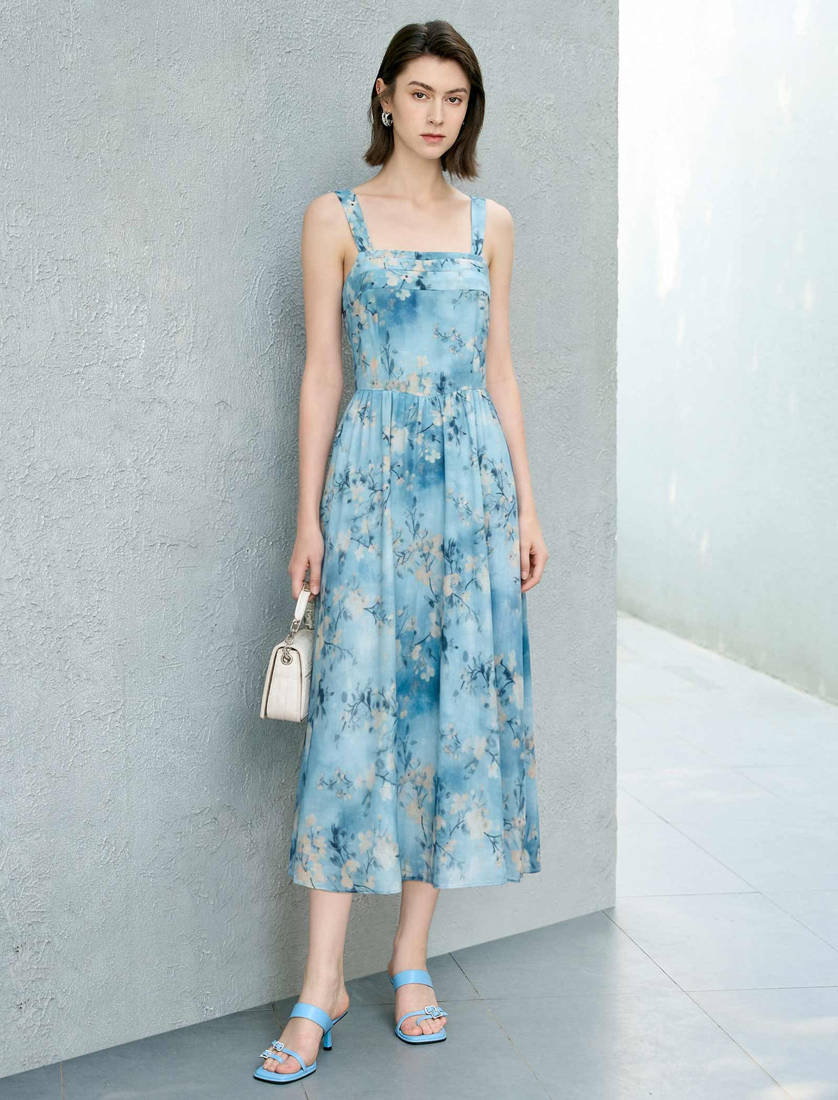 Blue Floral Watercolor Print Midi Sundress