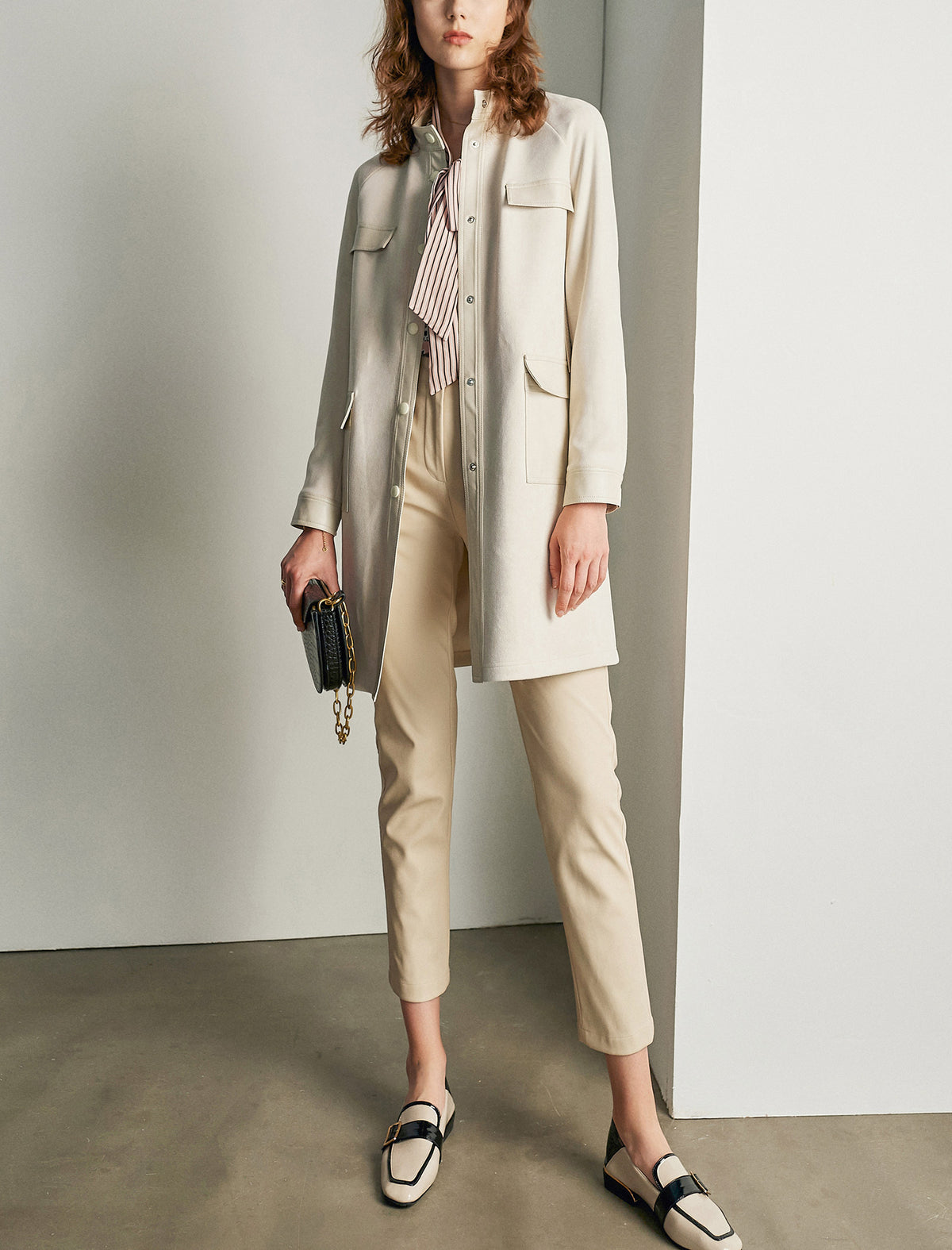 Beige PU Leather Pocket Detail Trench Coat