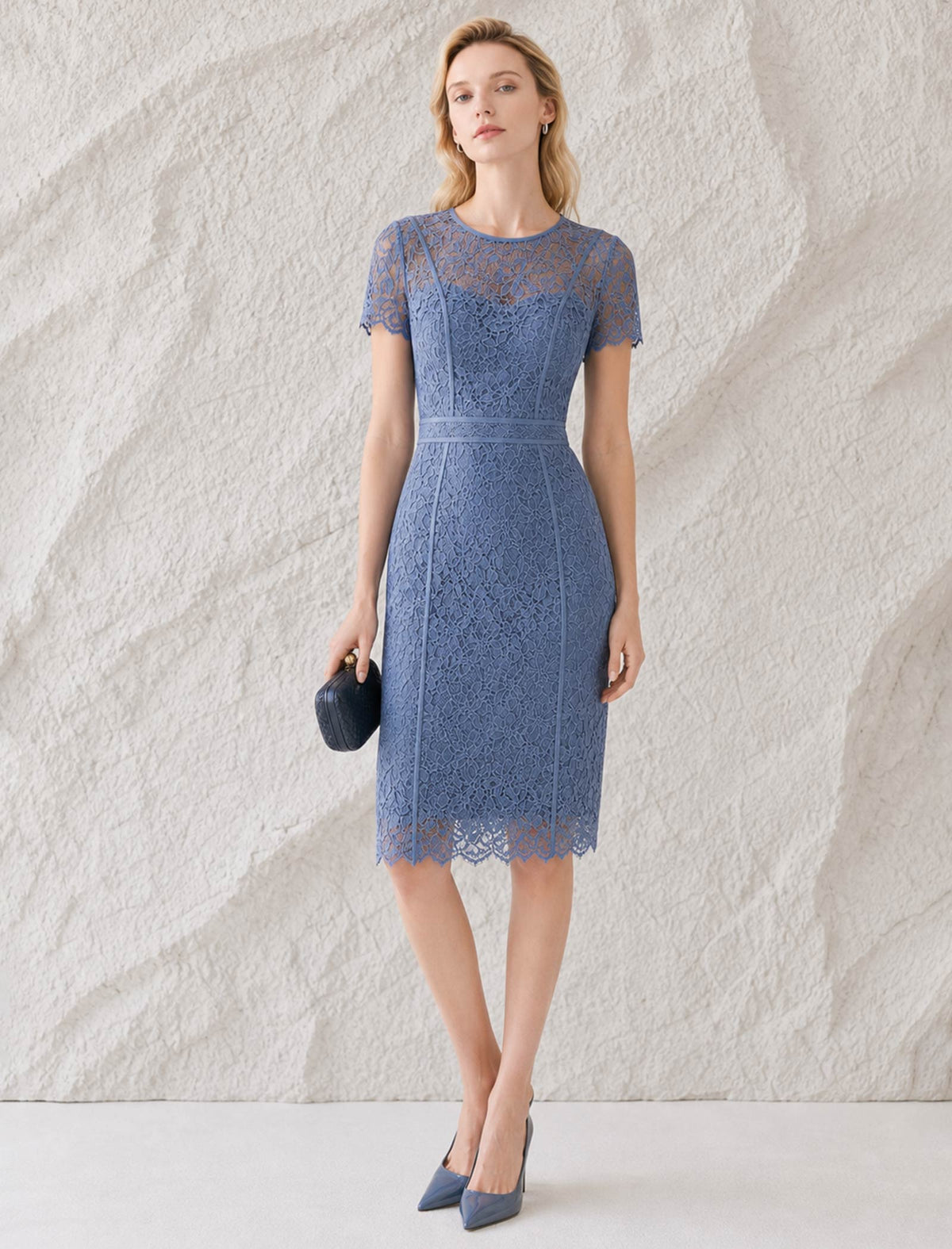 Dusty Blue Floral Lace Sheath Midi Dress