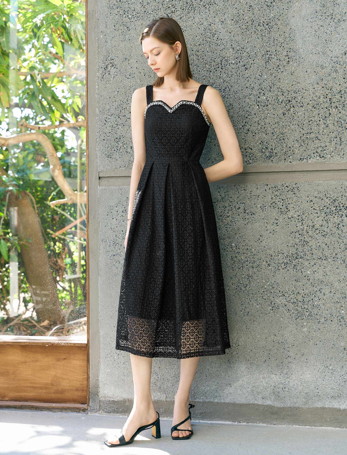 Embellished Trim Black Lace Midi Dress