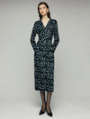 Abstract Dot Print V-Neck Ruched-Waist Long Sleeve Wrap Midi Dress