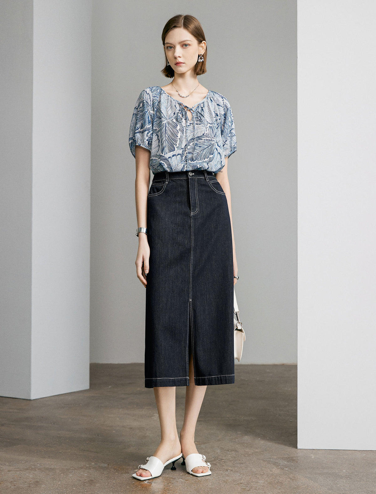 Denim Front Slit Midi Skirt