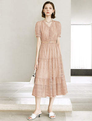 Lace V-Neck Flared Midi Dress