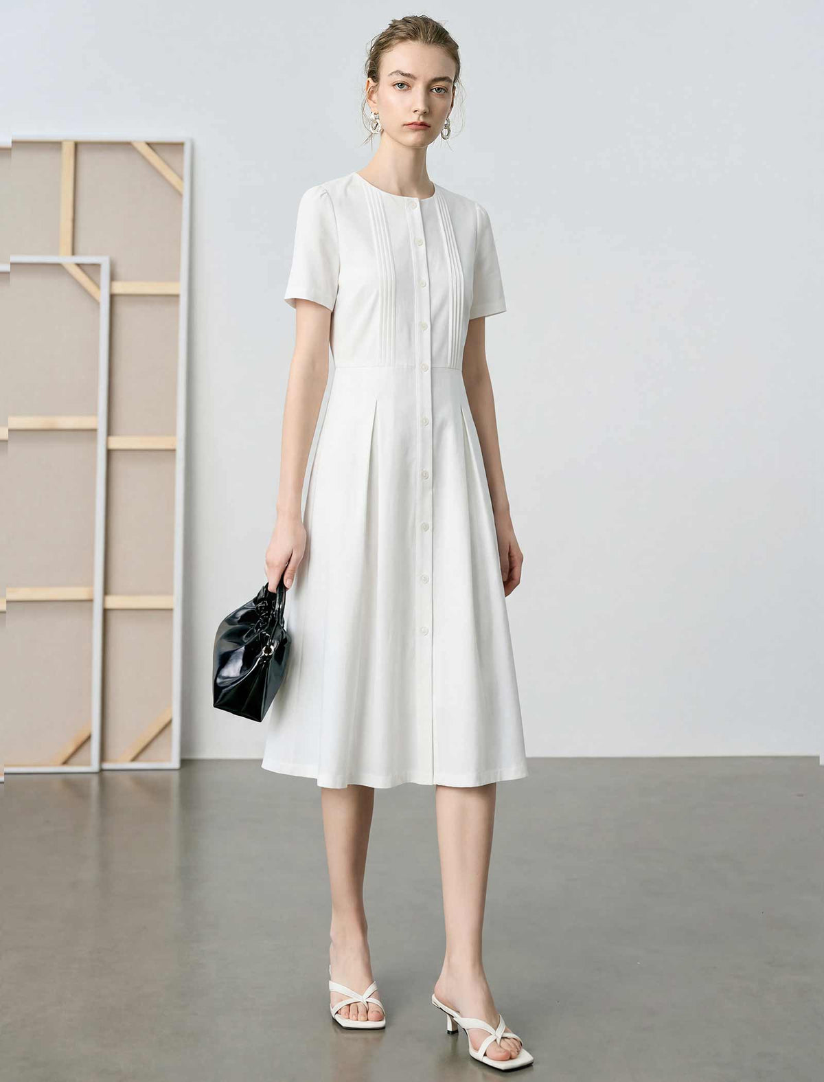 Round Neck Puff Sleeve Midi Shirt Dress