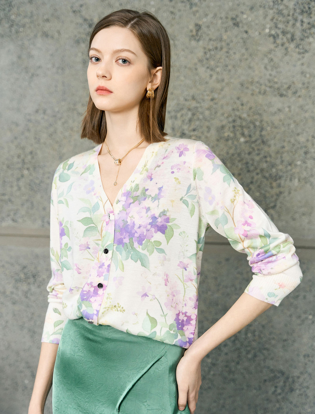 Vintage Floral‑Print V‑Neck Knit Cardigan