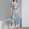 Leaf Print Puff Sleeve Midi Dress - Blue Flower