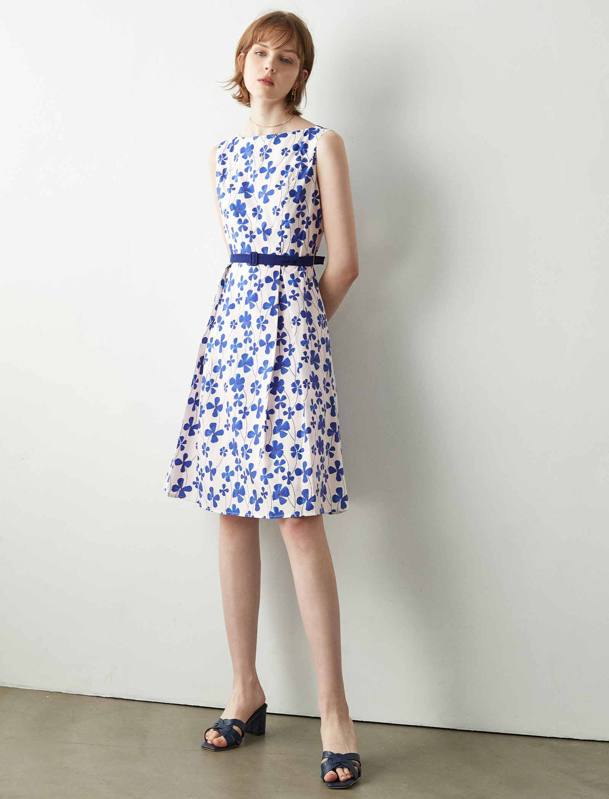 Sleeveless Blue Floral Belted Dress