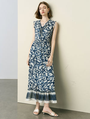 Tie-Dye Floral Ruffle V-Neck Midi Dress
