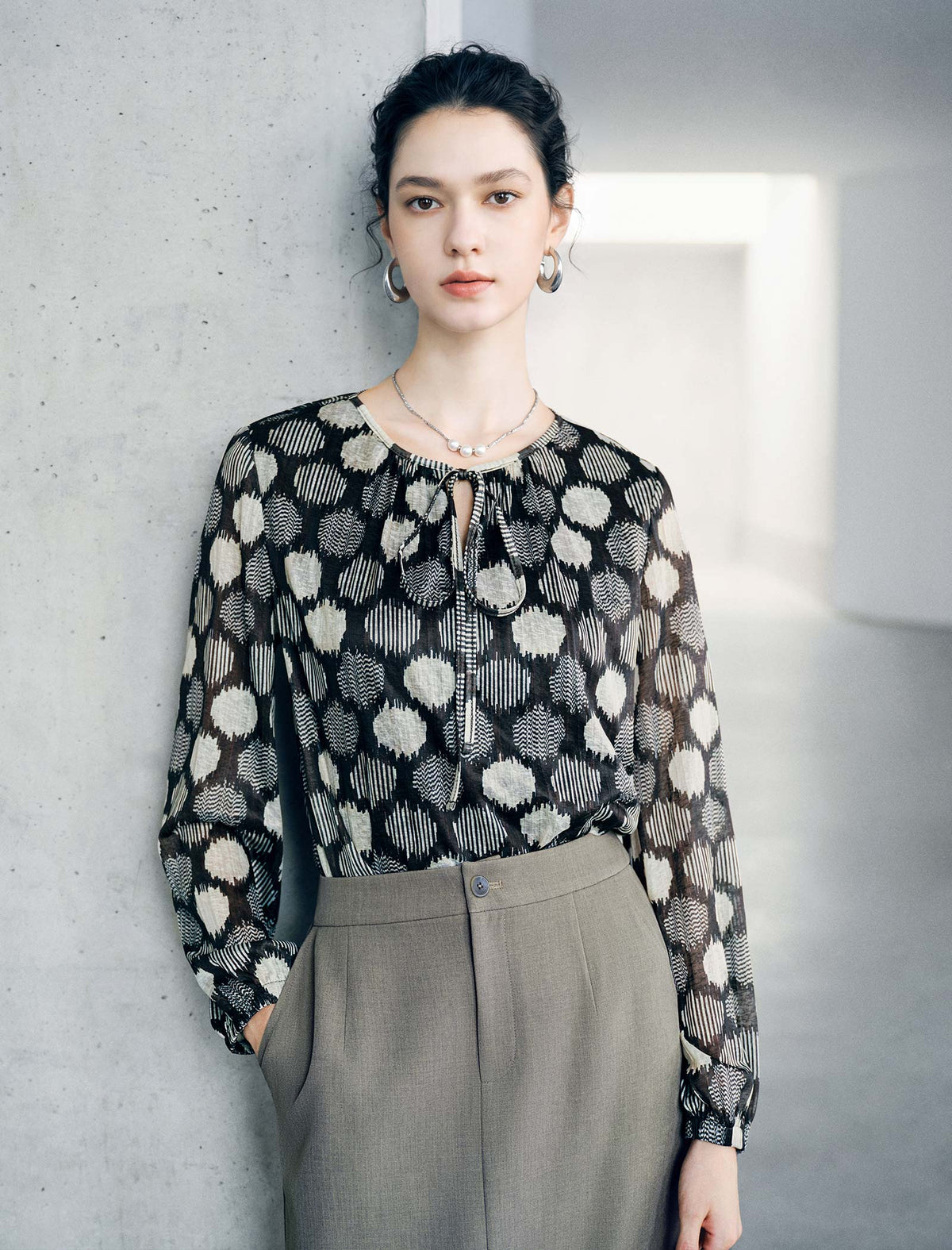Vintage Geo-Dot Tie-Neck Long-Sleeve Knit Top