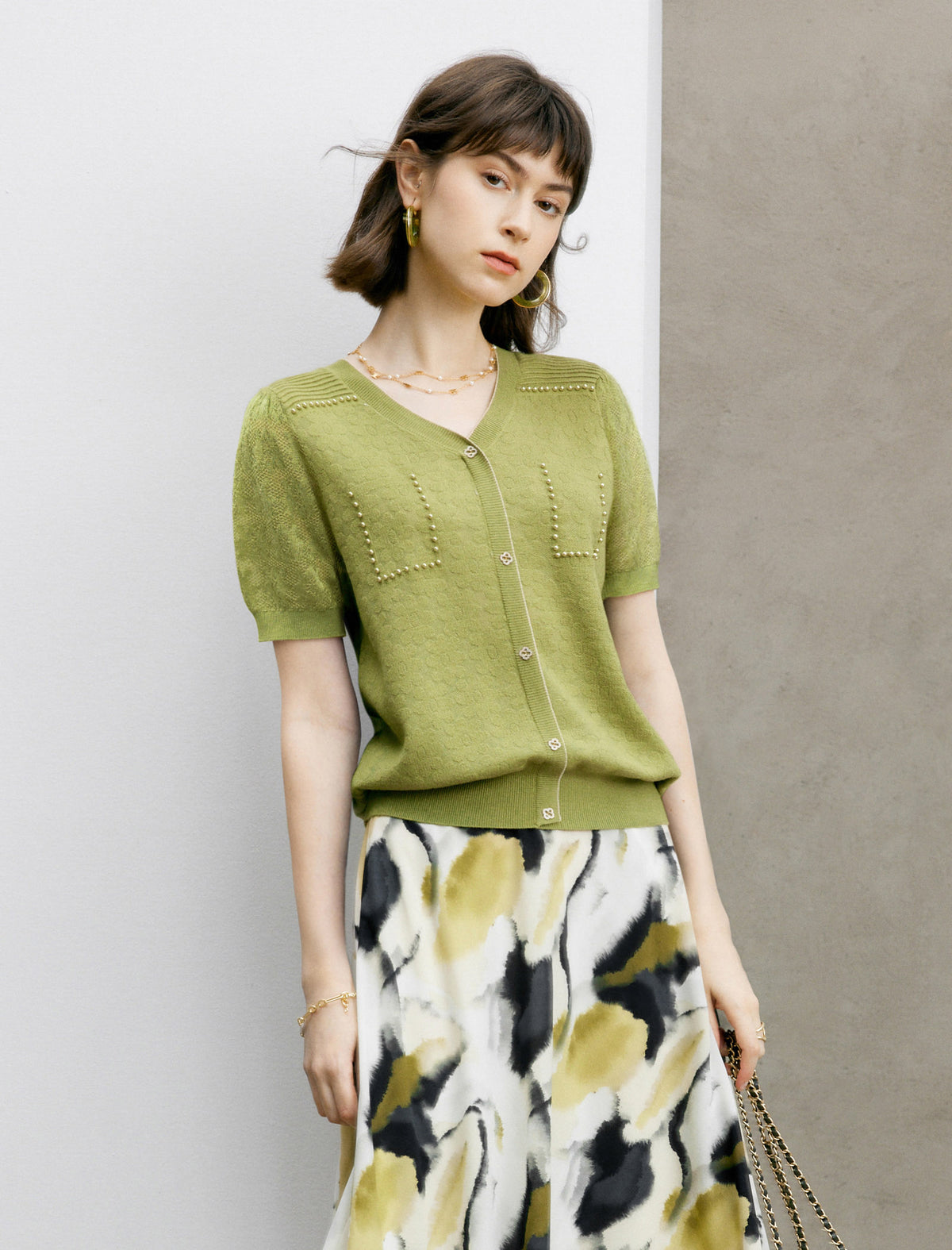 Retro Pearl Beaded Short Sleeve Knit Top