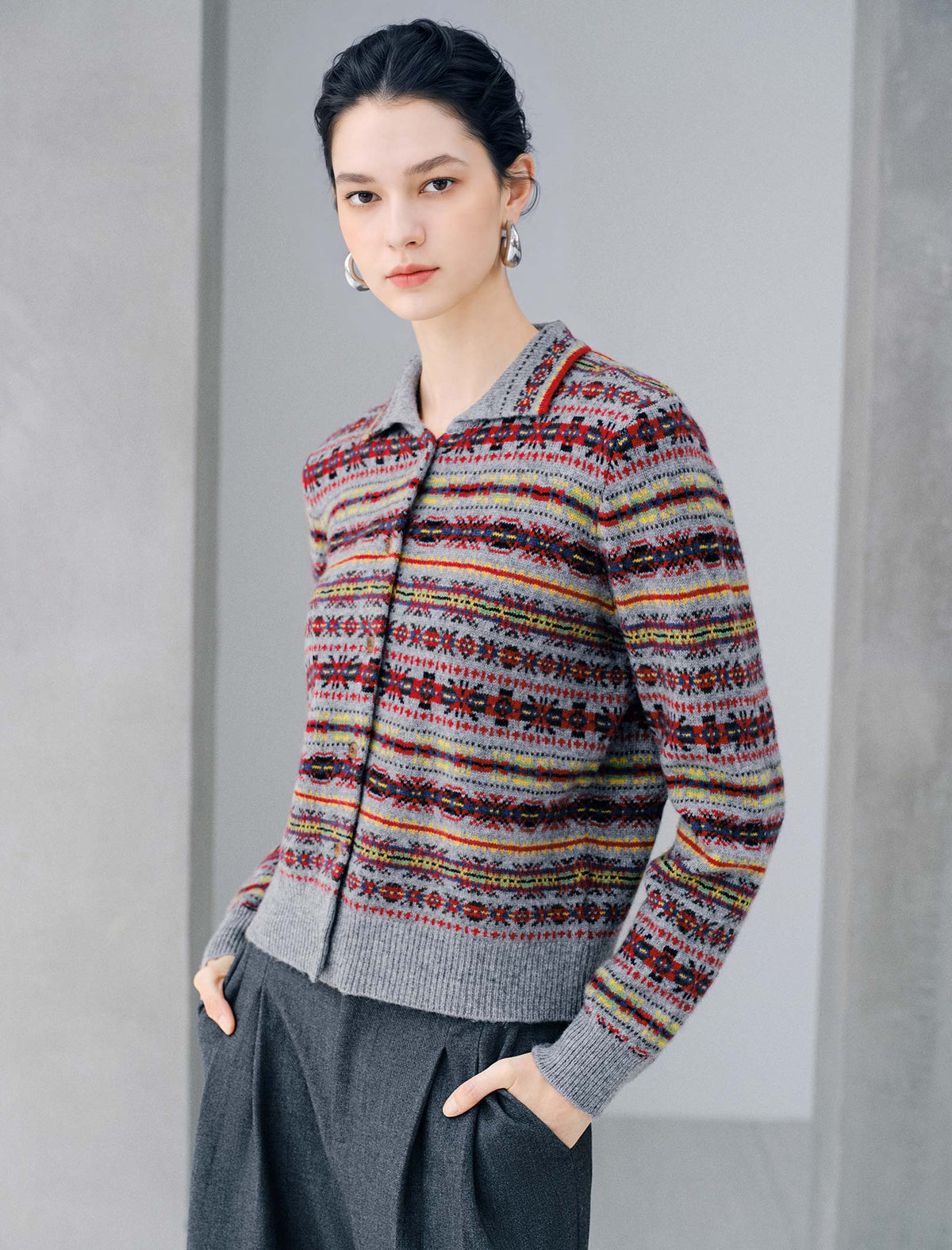 100% Wool Fair Isle Patterned Knit Cardigan