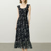 Chiffon Black Floral Ruffle Maxi Dress - Black Flower