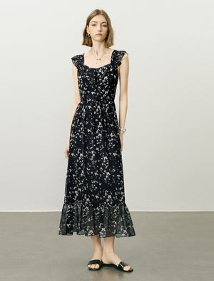 Chiffon Black Floral Ruffle Maxi Dress