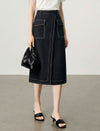 Black Contrast Stitch Midi Wrap Skirt