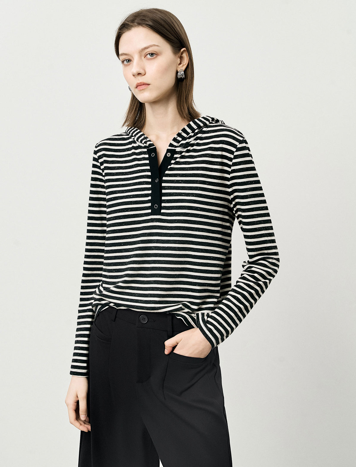 Stripe Long-Sleeve Hooded Henley Top