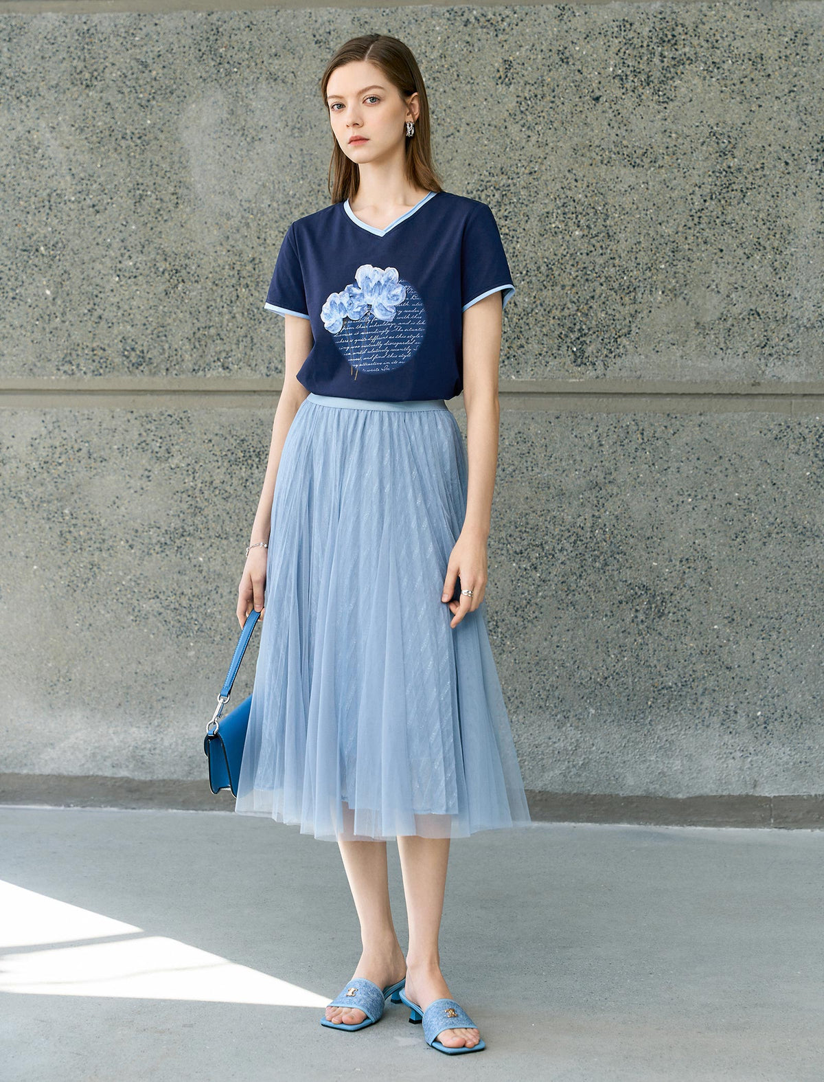 High-Waisted Shimmer Tulle Pleated Midi Skirt