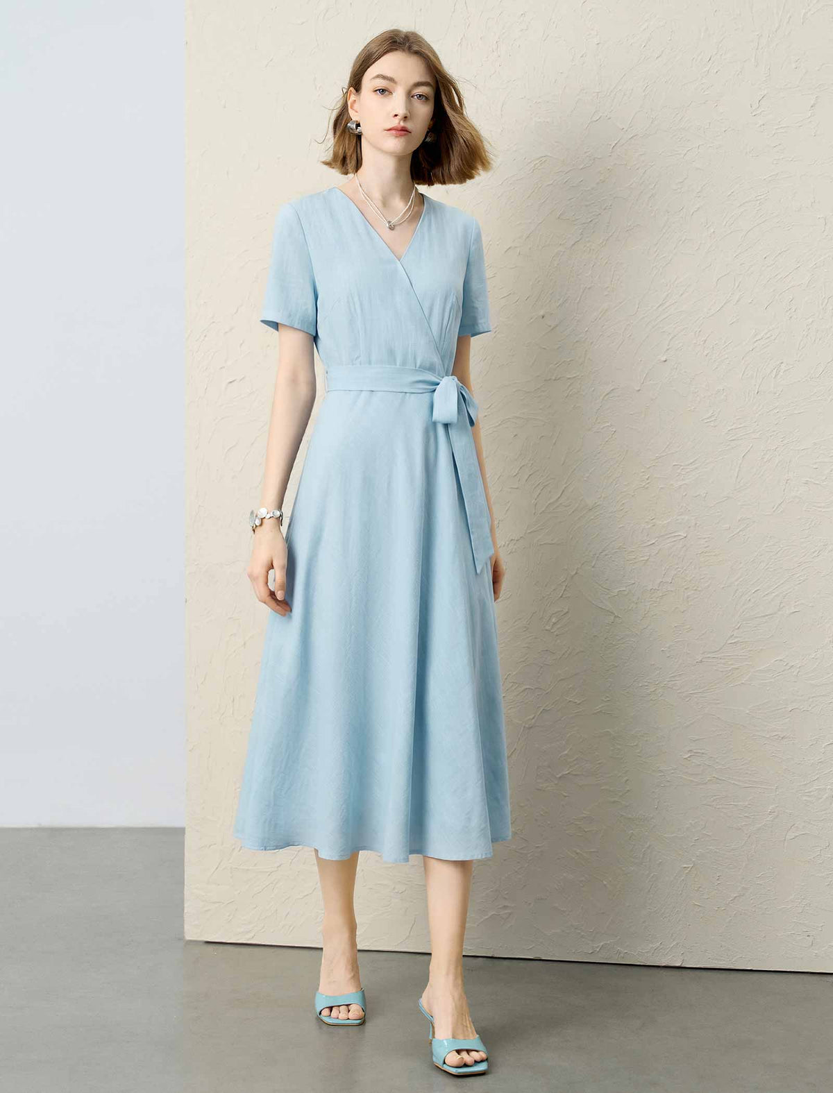 V Neck Wrap Tie Waist Short Sleeve Midi A-Line Dress