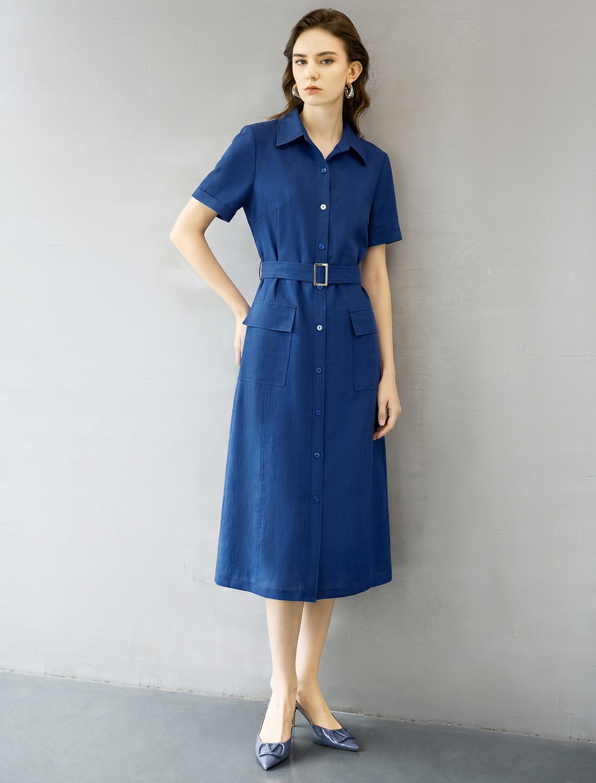 Klein Blue Utility‑Style Shirt Midi Dress