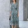 Chiffon Floral Print V-Neck Midi Dress - Blue Flower