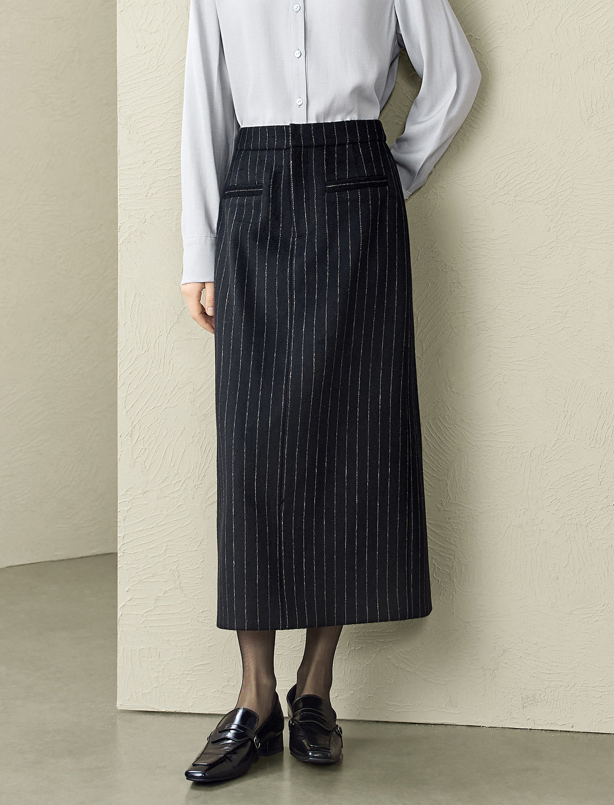 Black Pinstripe Wool-Blend Midi Skirt