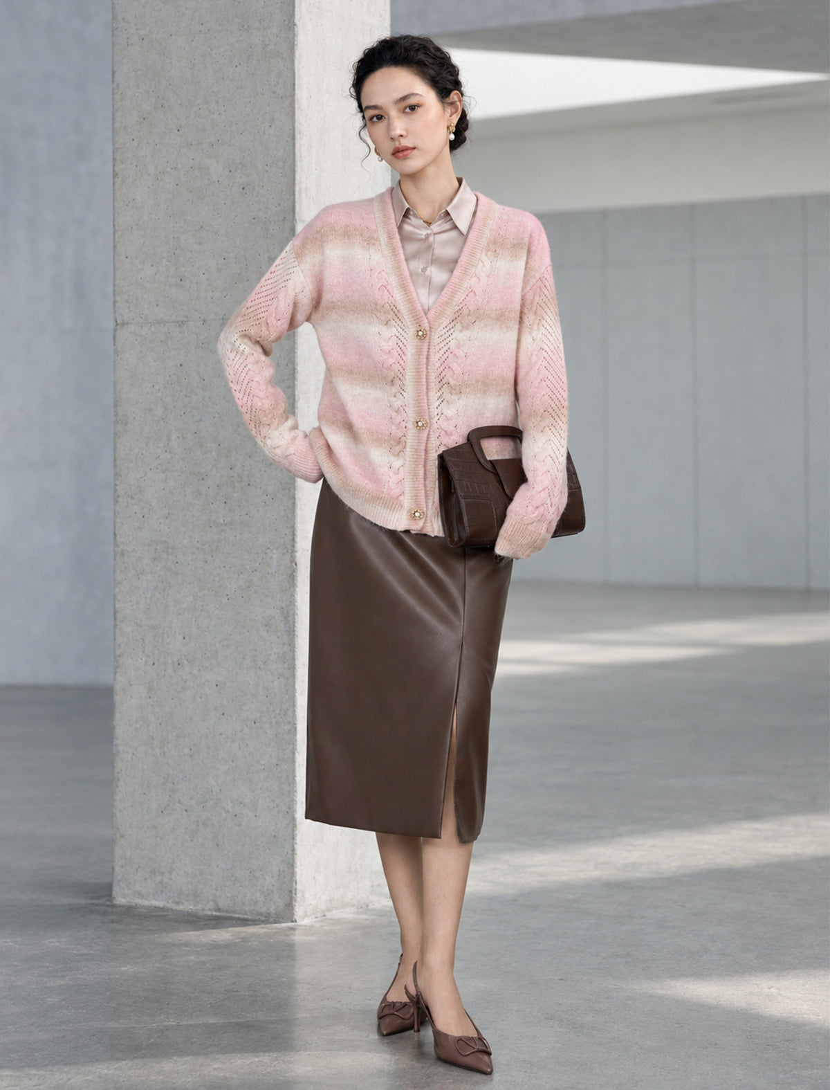 Gradient V Neck Button Front Knit Cardigan