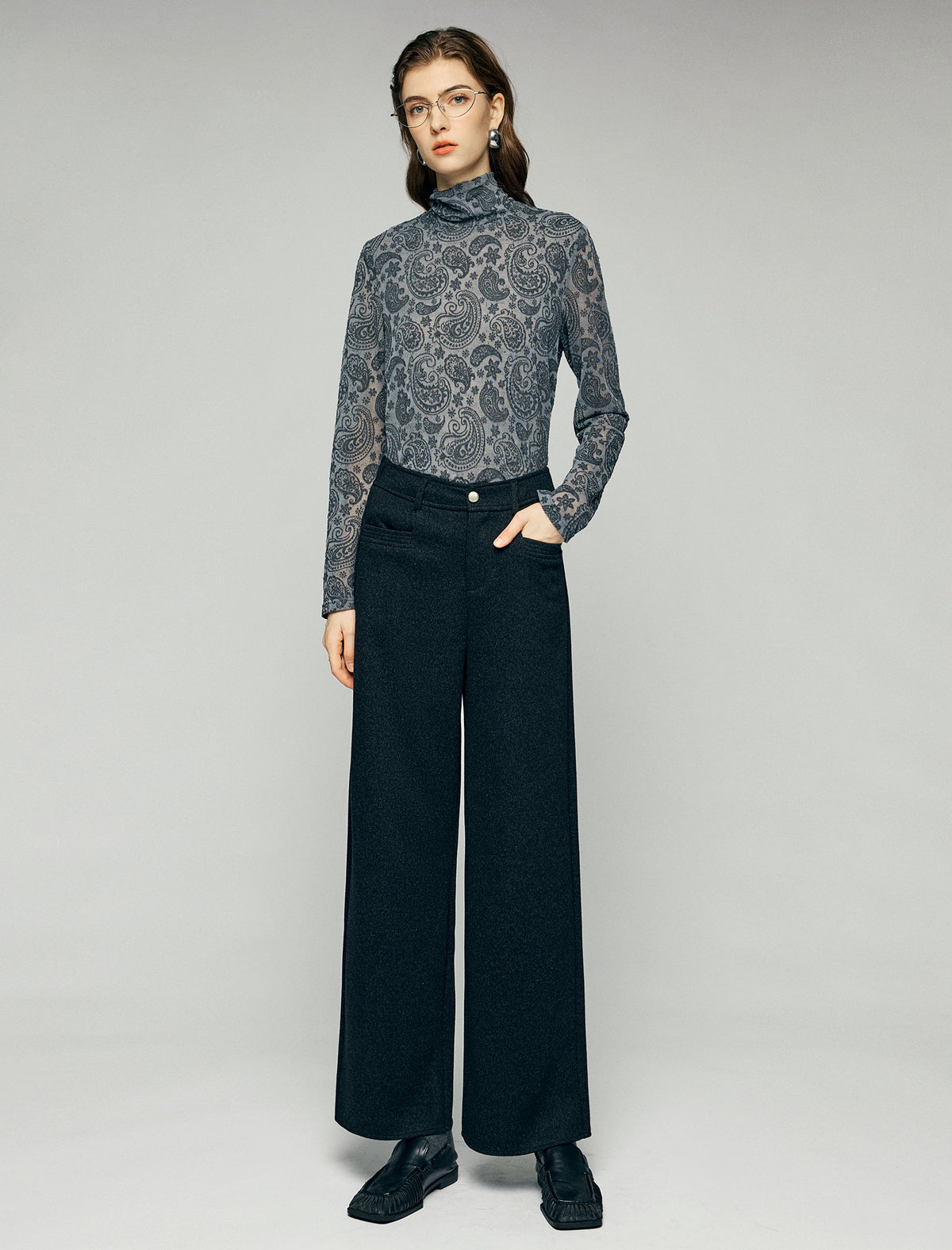 Wool Blend High-Waist Button-Detail Wide-Leg Pants